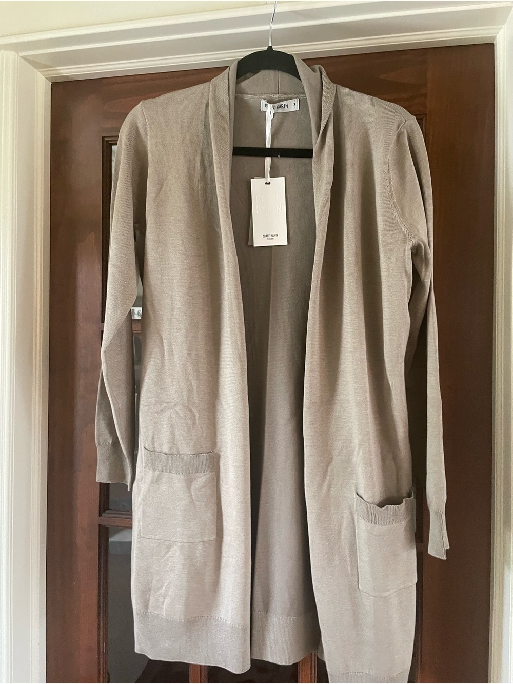 Grace Karin Longline Open-Front Cardigan in Taupe